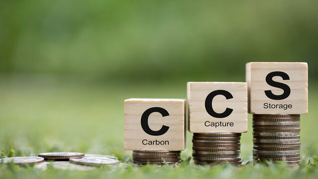 Carbon Capture and Storage concept with stacked coins and wooden blocks
