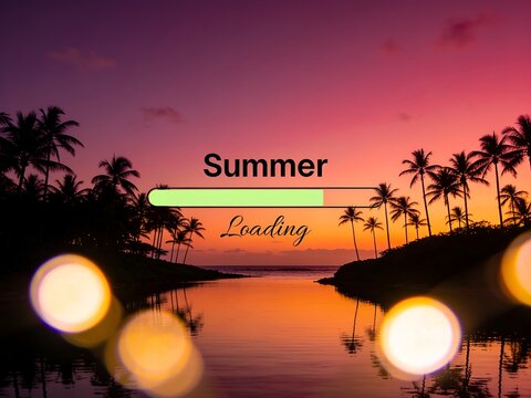 A vibrant summer loading bar graphic overlaying a beautiful tropical beach scene featuring silhouette palm trees during a vivid purple and orange sunset sky view