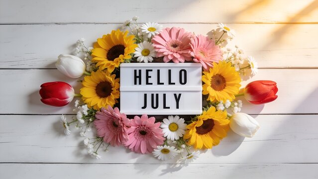 Bright white lightbox sign displaying the text hello july surrounded by a beautiful vibrant arrangement of colorful spring flowers on a rustic white wooden tabletop background