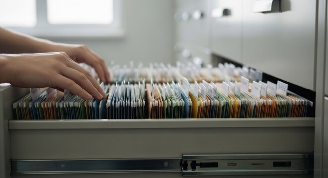 Hands sorting colorful hanging file folders in an open office archive drawer, symbolizing organization and efficient document management.