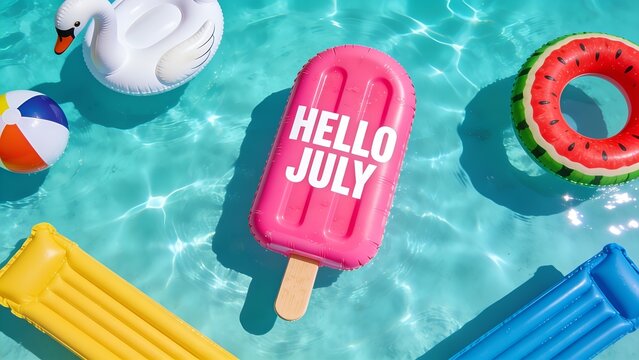 Bright pink popsicle float with hello july text floating on clear blue swimming pool water surrounded by colorful inflatable rings and toys during sunny summer