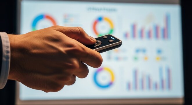 Hand holding presentation remote controlling charts and graphs on screen, corporate strategy