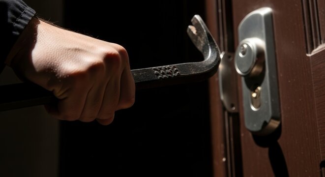 Burglar's hand holding a steel crowbar to pry open a locked wooden door, creating an ominous scene of forced entry and crime.