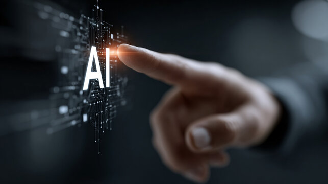 Hand pointing to glowing AI technology icons on dark futuristic background with digital interface