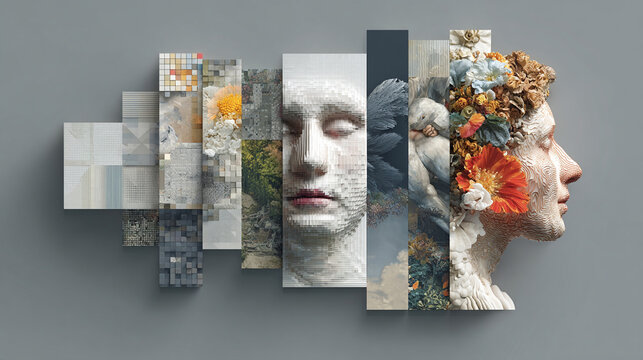 Digital art creation process with AI tools and abstract sculptural portrait on neutral background