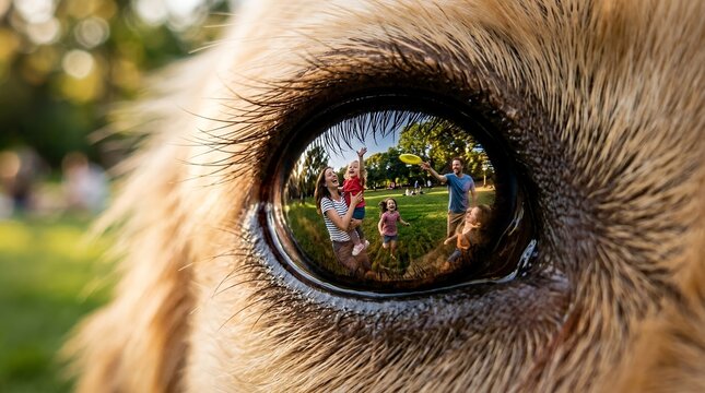 Macro reflection of family in a dog eye.