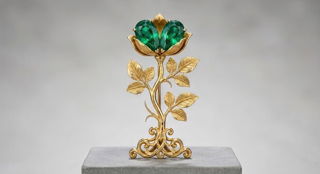 Ornate golden rose sculpture with green gem petals on marble base against gray background
