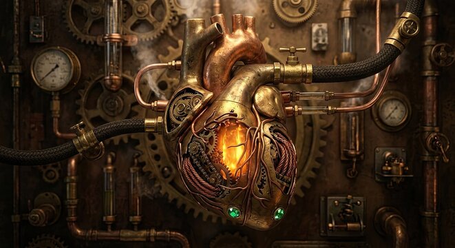 Steampunk mechanical heart glowing with pipes, gears and valves in dark industrial setting