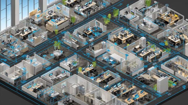 Isometric blue network layout of a modern office floor.