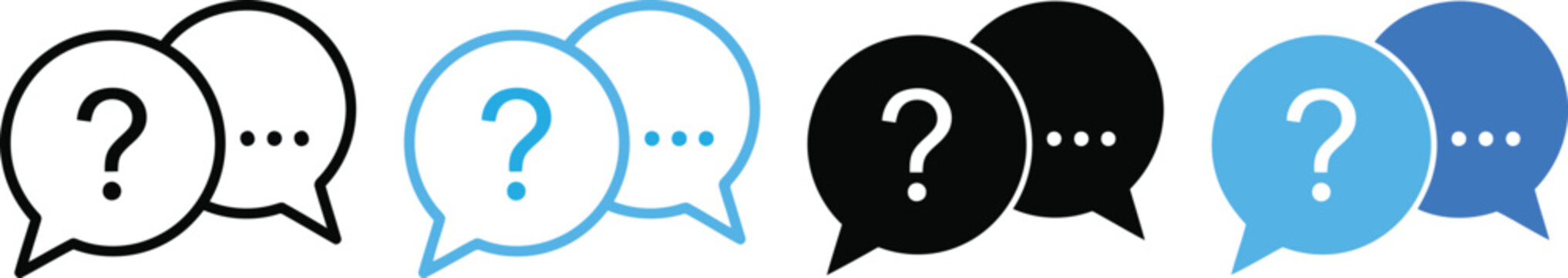 FAQ icon set. Paired speech bubbles with question mark and ellipsis sign. Support and help center sign for messaging. Answer symbol - vector stock