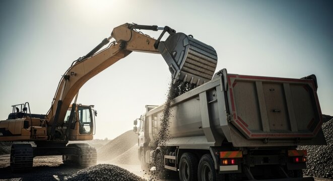 Heavy excavator dumping crushed stone into a tipper truck, construction site action, midday light