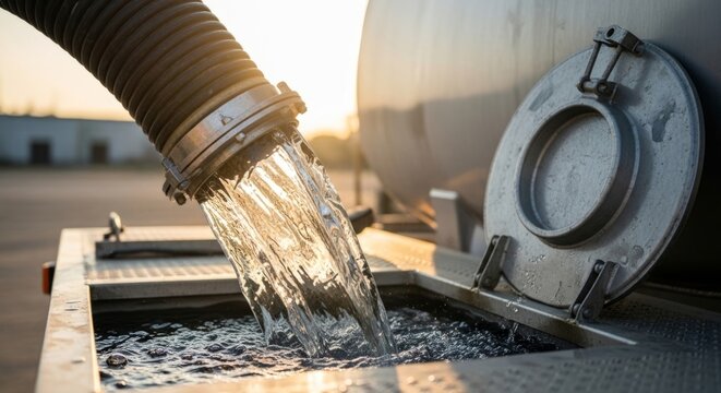 Water truck filling tank with fresh water from industrial hose at golden hour construction site
