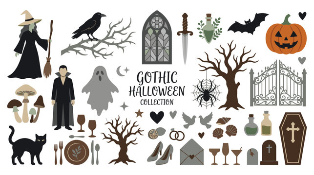 Gothic halloween collection with spooky mystical icons.