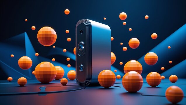 Abstract 3D rendering of a sleek device surrounded by geometric spheres in vibrant orange and blue tones, showcasing a modern technological aesthetic