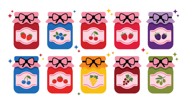 Set of cute fruit jam jars with bows and labels.