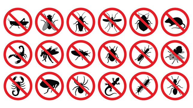 Set of prohibited signs with different garden insect pests.