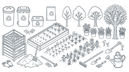 Obraz premium Garden landscape elements and farming tools line drawings.