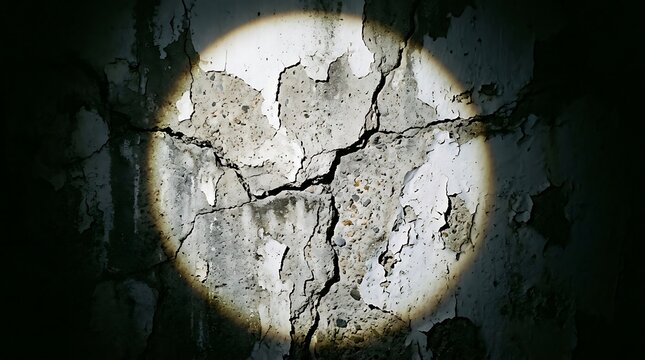 Cracked concrete wall with spotlight and shadows