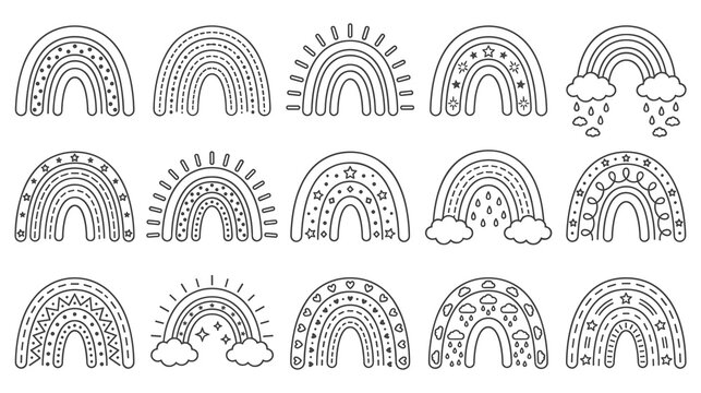 Assorted boho rainbows with celestial elements outlines.