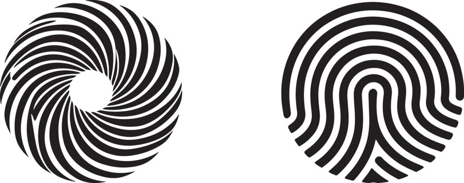Abstract circular vector graphics featuring a spiral vortex and fingerprint pattern for biometric security and optical art design