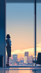 Fototapeta premium 高層オフィスの大きな窓から夕暮れ時の美しい街並みを見下ろすビジネスウーマンの後ろ姿を描いた縦型イラスト