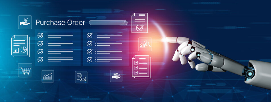 Futuristic Robotic Hand Interacting with Digital Purchase Order Interface and Checklist Icons in Modern Business Environment. Bitwise.