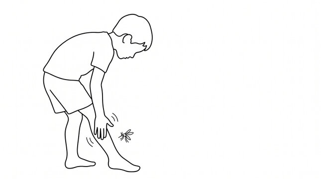 Boy slapping mosquito on leg while standing in minimalist style  