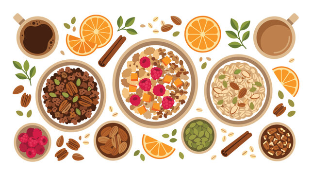 Healthy breakfast, oatmeal porridge in bowls, coffee, nuts.