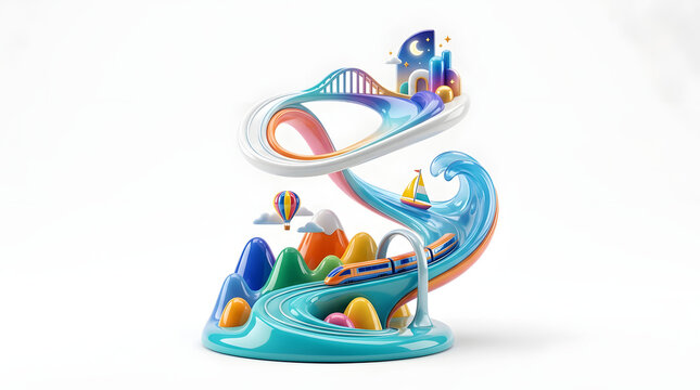 Whimsical 3D render of a vibrant, imaginative world with a surreal roller coaster, train, and sailing boat amidst abstract mountains and waves
