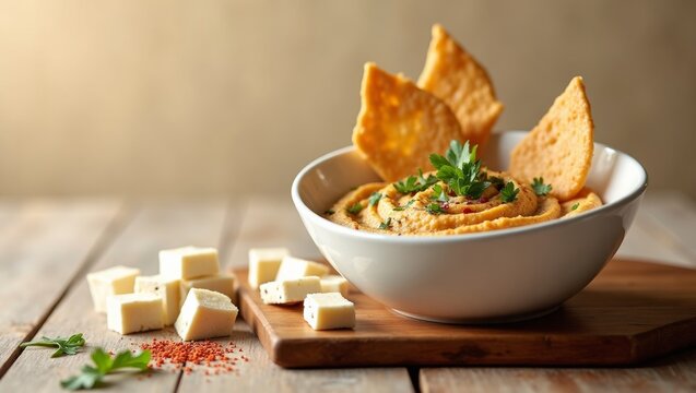 Bowl of creamy hummus sits invitingly on a wooden board. Golden, crispy chips perch atop the dip, adding texture. Fresh parsley garnishes the dish, enhancing its visual appeal