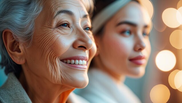 Warm glow lights frame two women. Senior woman smiles gently, eyes full of joy. Younger woman stands beside her, calm and serene. Soft focus highlights their shared peaceful moment