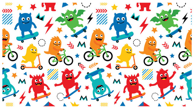 Cute monster characters seamless pattern on white background.