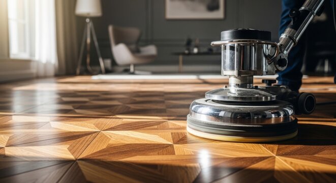 Polished parquet floor being restored with a heavy orbital machine in a stylish home renovation
