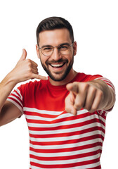 Naklejka premium Young caucasian man, beard, round glasses, and striped t-shirt, pointing and gesturing 'call me' with a cheerful smile in a high-key studio portrait. concept for urgent communication