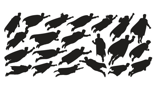 Set of superhero silhouettes flying