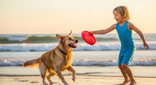 Joyful child throwing frisbee to golden retriever dog on a beach at sunset, family vacation fun