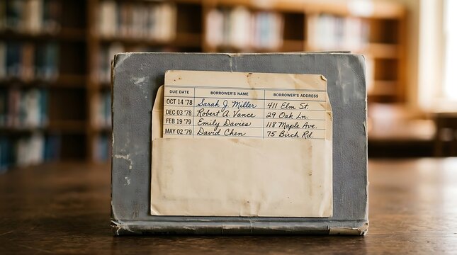 Vintage library book with due date card and borrower information