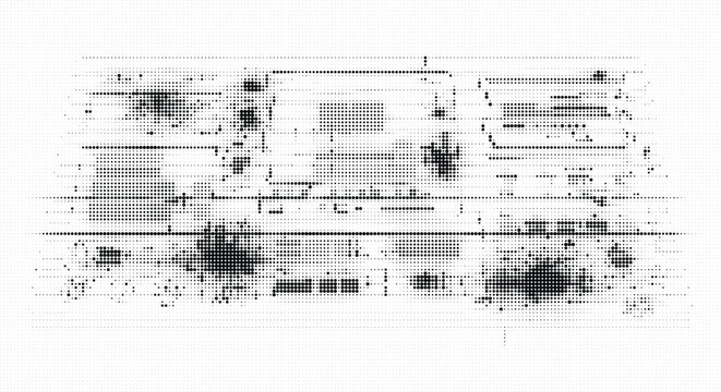 Abstract futuristic digital glitch halftone background with tech ui elements and dots