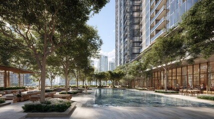 Naklejka premium Modern luxury apartment complex featuring pool and landscaped courtyard.