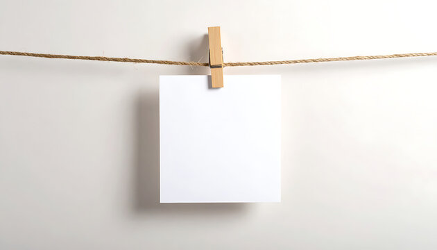 Blank white paper card hanging on golden string with wooden clip, copy space