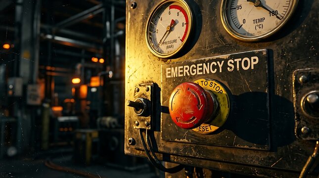 Industrial emergency stop button and control panel with gauges