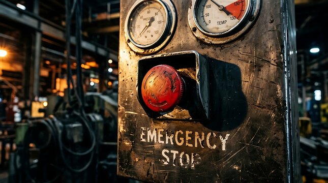 Industrial emergency stop button with gauges in a factory setting