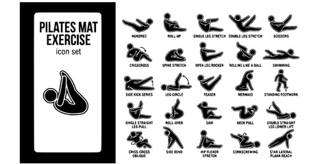 Naklejka premium Pilates Mat Exercise Bold Line Icons-Hundred Roll-Up Single Leg Double Leg Scissors Crisscross Spine Stretch Rocker Rolling Swimming Side Kick Teaser Mermaid-25 Pilates Icon Set Vector