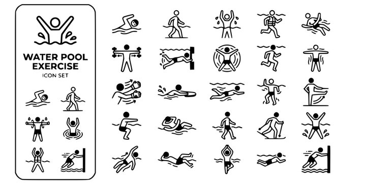 Water Pool Exercise Bold Line Icons-Lap Swimming Pool Walking Water Aerobics Aqua Jogging Noodle Flutter Kick Star Float Kickboard Dolphin Kick Treading-25 Aqua Exercise Icon Set Vector