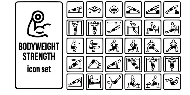 Bodyweight Strength Exercise Bold Line Icons-Push-Up Wide Diamond Decline Pull-Up Chin-Up Inverted Row Dip Squat Pistol Lunge Reverse Lateral-25 Bodyweight Icon Set Vector