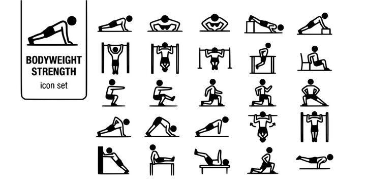 Bodyweight Strength Exercise Bold Line Icons-Push-Up Wide Diamond Decline Pull-Up Chin-Up Inverted Row Dip Squat Pistol Lunge Reverse Lateral-25 Bodyweight Icon Set Vector