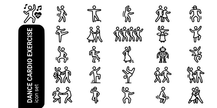 Dance Cardio Rhythm Exercise Bold Line Icons-Zumba Aerobics Salsa Hip Hop Jazzercise Ballroom Line Dance Belly Dance Bhangra Flamenco Freestyle-25 Dance Exercise Icon Set Vector