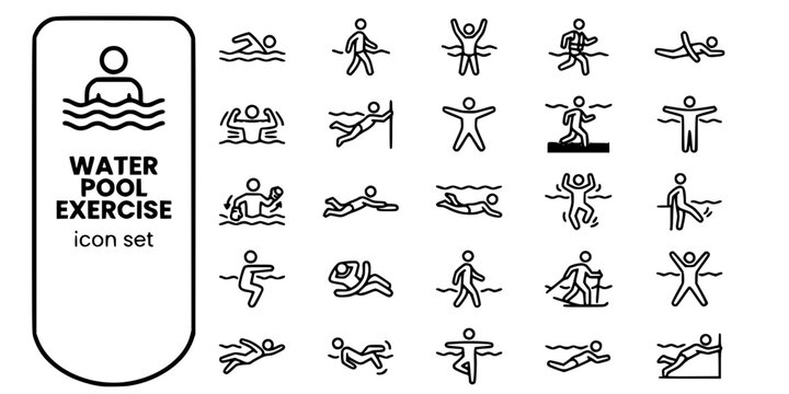 Water Pool Exercise Bold Line Icons-Lap Swimming Pool Walking Water Aerobics Aqua Jogging Noodle Flutter Kick Star Float Kickboard Dolphin Kick Treading-25 Aqua Exercise Icon Set Vector