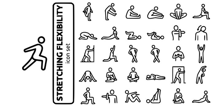 Stretching Flexibility Exercise Bold Line Icons-Quad Hamstring Forward Fold Butterfly Pigeon Childs Pose Cobra Supine Twist Shoulder Neck Calf Hip Flexor-25 Stretch Icon Set Vector