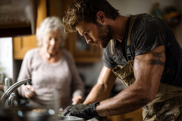 Obraz premium Worker in overalls washing dishes helping elderly woman